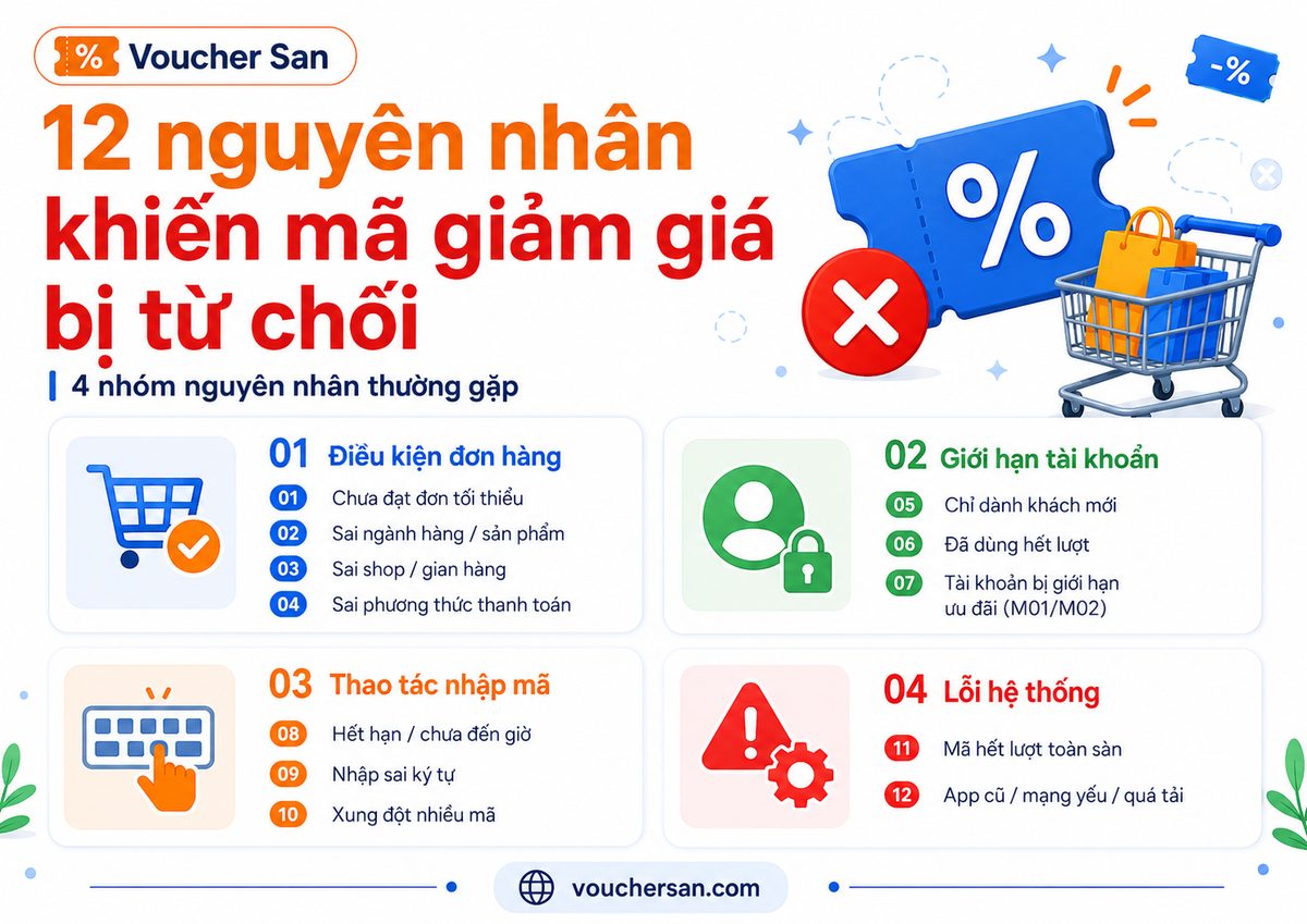 Infographic 12 nguyên nhân khiến mã giảm giá bị từ chối chia theo 4 nhóm: điều kiện đơn hàng, giới hạn tài khoản, thao tác nhập mã, lỗi hệ thống