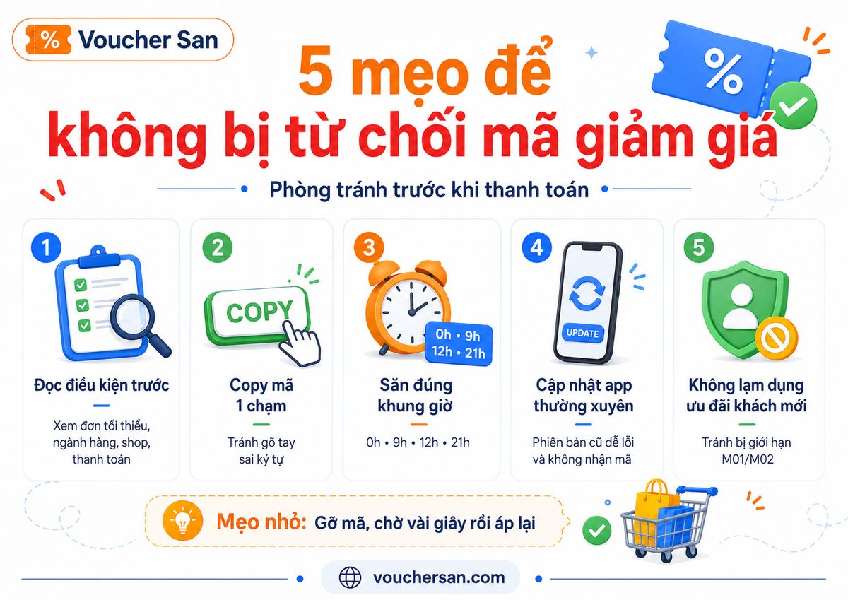 5 mẹo để không bị từ chối mã giảm giá: đọc điều kiện trước, copy mã 1 chạm, săn đúng khung giờ, cập nhật app, không lạm dụng ưu đãi khách mới