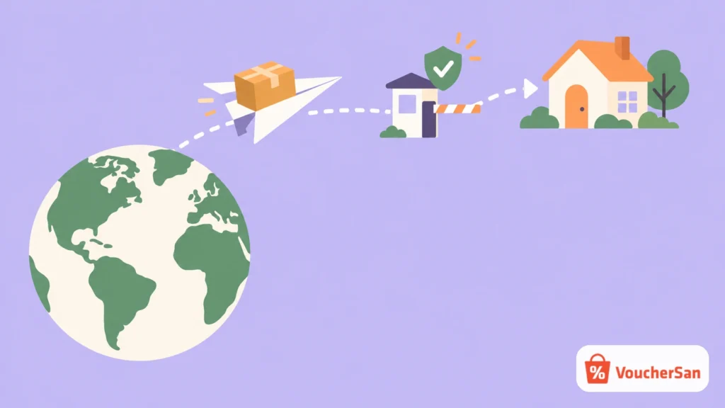 Minh hoạ đơn hàng quốc tế trên Shopee đi từ nước ngoài qua hải quan về nhà người mua