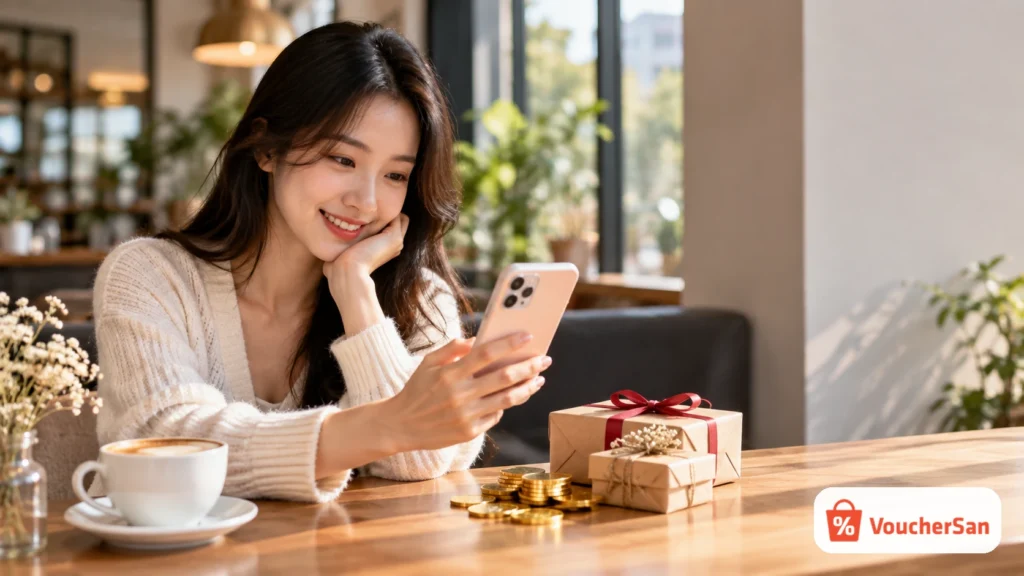 Cô gái dùng điện thoại tích Shopee Xu bên ly cà phê và hộp quà