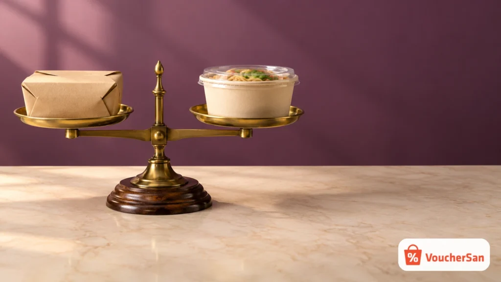Cân so sánh ShopeeFood và GrabFood: hộp đồ ăn trên hai đĩa cân