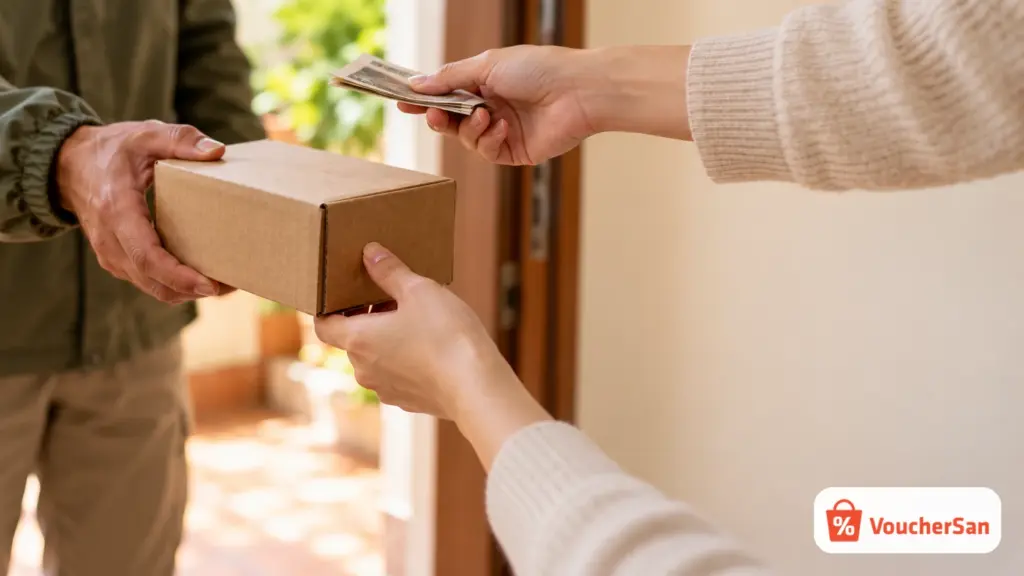 Người mua trả tiền mặt và nhận gói hàng COD từ shipper tại cửa nhà