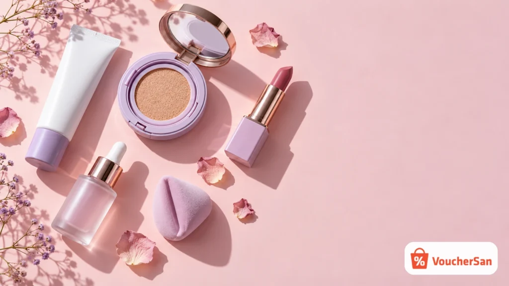 Bộ mỹ phẩm trang điểm và chăm sóc da trên nền hồng pastel minh hoạ ưu đãi Beauty Box