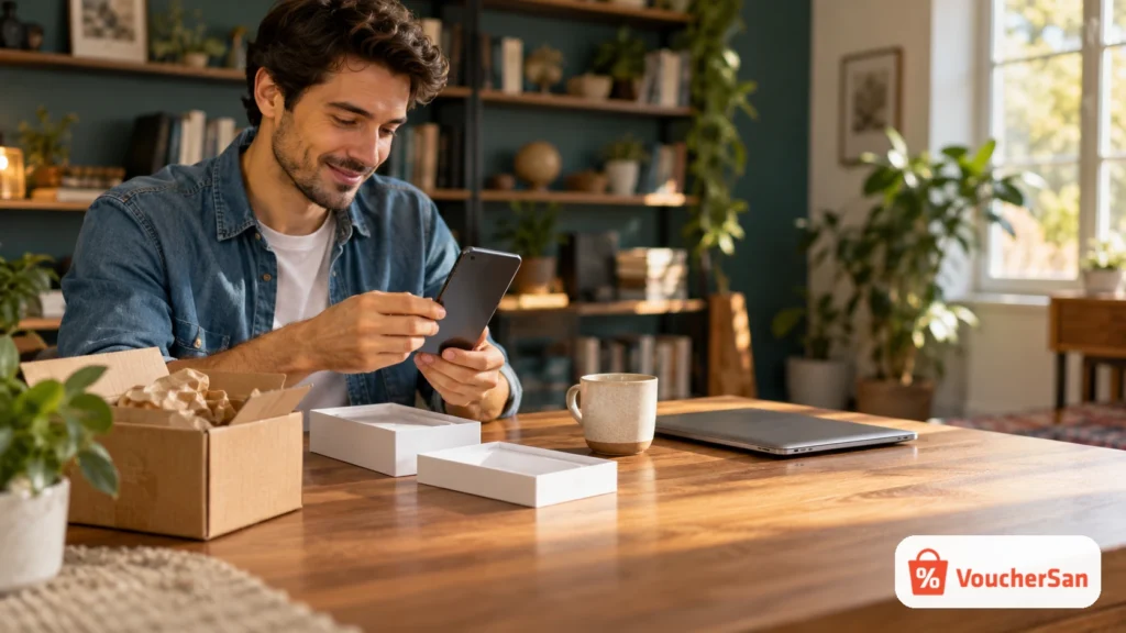 Nam thanh niên mở hộp điện thoại mới mua tại bàn làm việc, bên cạnh có laptop và cốc cà phê