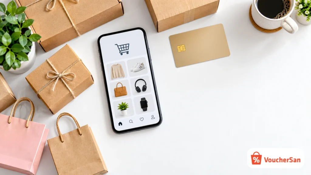 Mua sắm online và săn mã giảm giá Tiki với điện thoại, thẻ thanh toán và kiện hàng giao tận nơi
