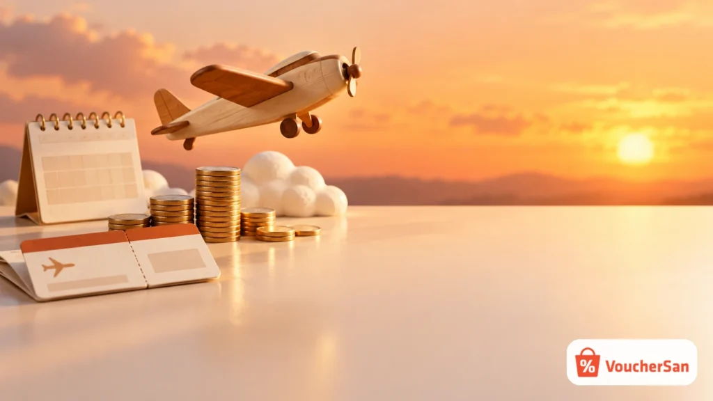 Máy bay gỗ đồ chơi bay trên chồng tiền xu và vé máy bay, minh hoạ ưu đãi vé Vietnam Airlines