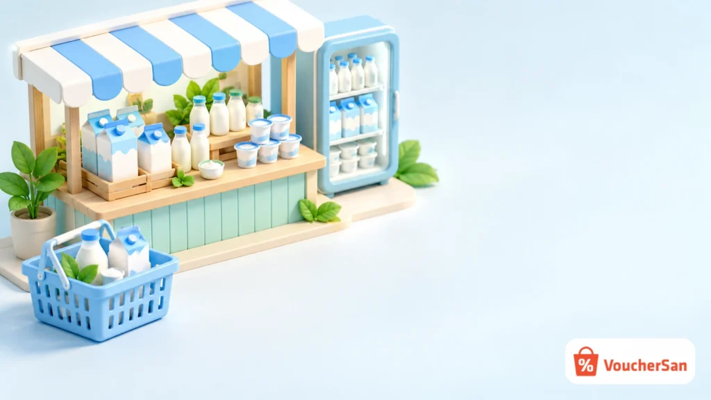 Mô hình cửa hàng sữa Vinamilk thu nhỏ với hộp sữa, chai sữa và sữa chua minh hoạ ưu đãi mã giảm giá
