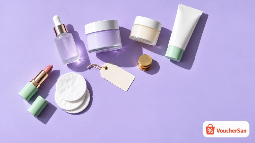Mỹ phẩm và sản phẩm chăm sóc da trên nền tím, minh hoạ mã giảm giá Watsons