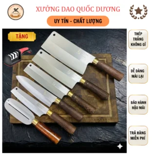 Bộ dao nhà bếp QUỐC DƯƠNG, làm từ thép trắng kháng gỉ, cán làm từ gỗ mun vàng chống mối mọt, BH 24 tháng - M22