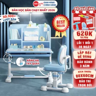 Bộ bàn học chống gù Sakawin A16 Plus, Bàn học cho bé có giá sách, Nâng hạ tay quay.