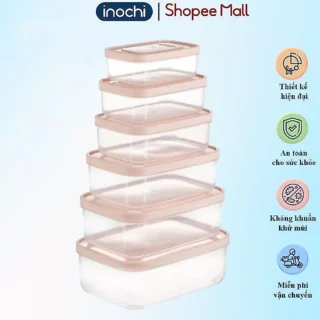 Bộ 6 hộp chữ nhật Inochi, nhựa PP, chịu nhiệt 140°C,không bám mùi, đựng cơm văn phòng
