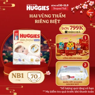 Miếng lót sơ sinh Huggies Skin Perfect NB1 64+4 miếng với 2 vùng thấm giảm kích ứng da