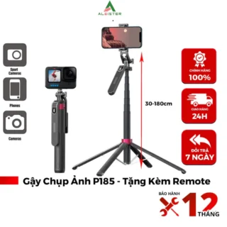 Gậy Chụp Ảnh 4 Chân P185 - Gậy Selfie Cầm Tay Tặng Kèm Remote, Chiều Dài Sử Dụng 30-180cm - Chính Hãng