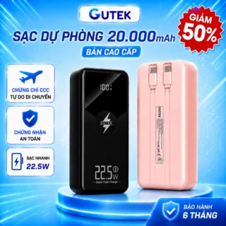 Sạc dự phòng 20000mAh Gutek GT229 sạc nhanh 22,5W pin dung lượng lớn tích hợp dây cáp cho điện thoại