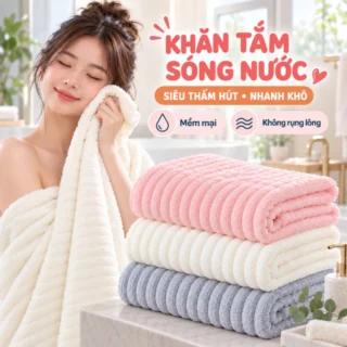 Khăn Tắm Sợi Bông Siêu Thấm Hút Thiết Kế Sóng Nước Mềm Mại, Dày Dặn, Không Rụng Lông