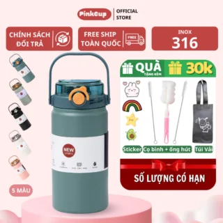 Bình Giữ Nhiệt Khắc Tên Inox 316 1000ml/1200ml, Bình Nước Khắc Tên Có Ống Hút, Ly Giữ Nhiệt Nóng Lạnh 24h Pinkcups