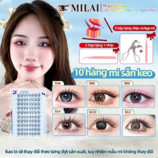 MILAI 10 bộ mi sẵn keo | Kiểu tự nhiên & dày đẹp | Mua từ 3 hộp tặng 1 nhíp + 1 kẹp mi