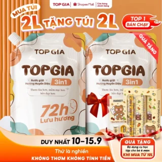 Nước Giặt TopGia 3in1 Hương Huyền Diệu Dịu Nhẹ Làm Sạch Vết Bẩn, Lưu Hương 72h, Túi 2L