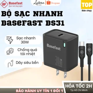 Bộ sạc nhanh 30W C to L Basefast Củ GaN kèm dây chống quá tải nhiệt cho xs xr 11 12 13 14 pro