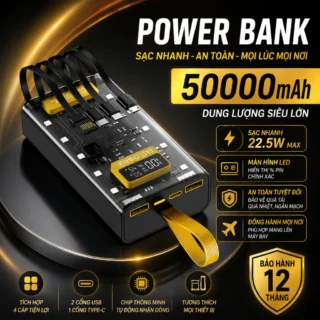 Sạc Dựng Phòng Trong Suốt 30000mAh Với 2 Cổng Sạc Nhanh 22.5w và PD 20W Kèm 4 Đầu Sạc Màn Hình LED