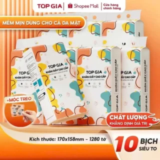 Thùng 10 bịch khăn giấy rút Top Gia treo tường đa sắc 1280 tờ, siêu dai và mềm mịn